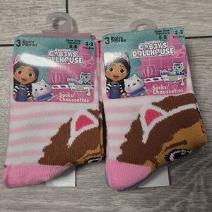 2 New Dreamworks Gabby's Dollhouse 3pairs Toddler Pink and Brown Striped Socks